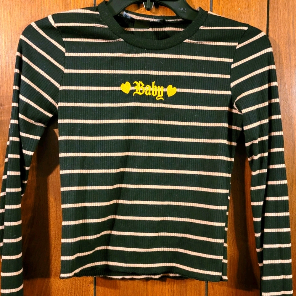 Striped long sleeve embroidered top